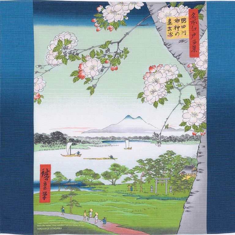 Furoshiki Ukiyo-e con Santuario Suijin e Massaki sul fiume Sumida 70cm