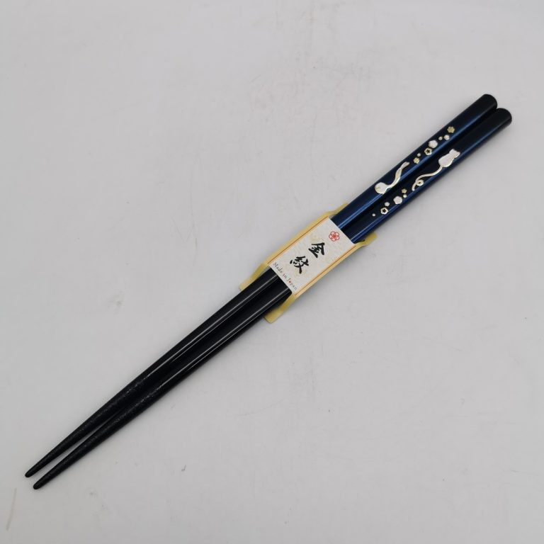 Hashi, bacchette giapponesi in legno blu con gattini e sonaglio 23cm