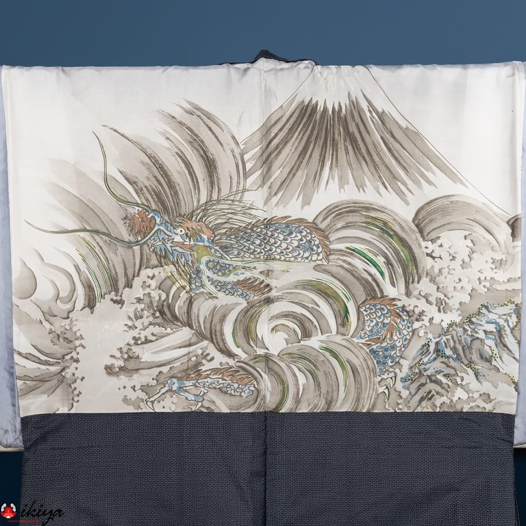 Haori da uomo blu scuro con drago e monte Fuji dipinti a mano